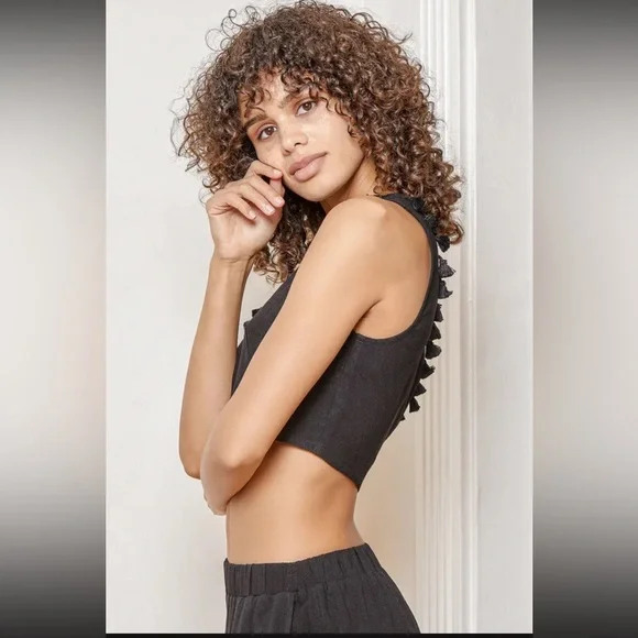 Linen Blend One Shoulder Tassel Crop Top & Wide-Leg Pants Set - Like New - Picture 5 of 17